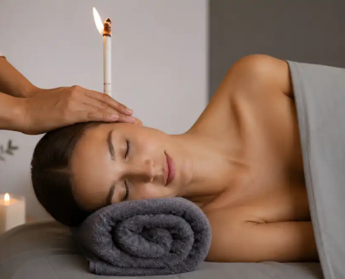 Specialist aplicând terapie cu lumânări TADE pentru relaxare și sănătate